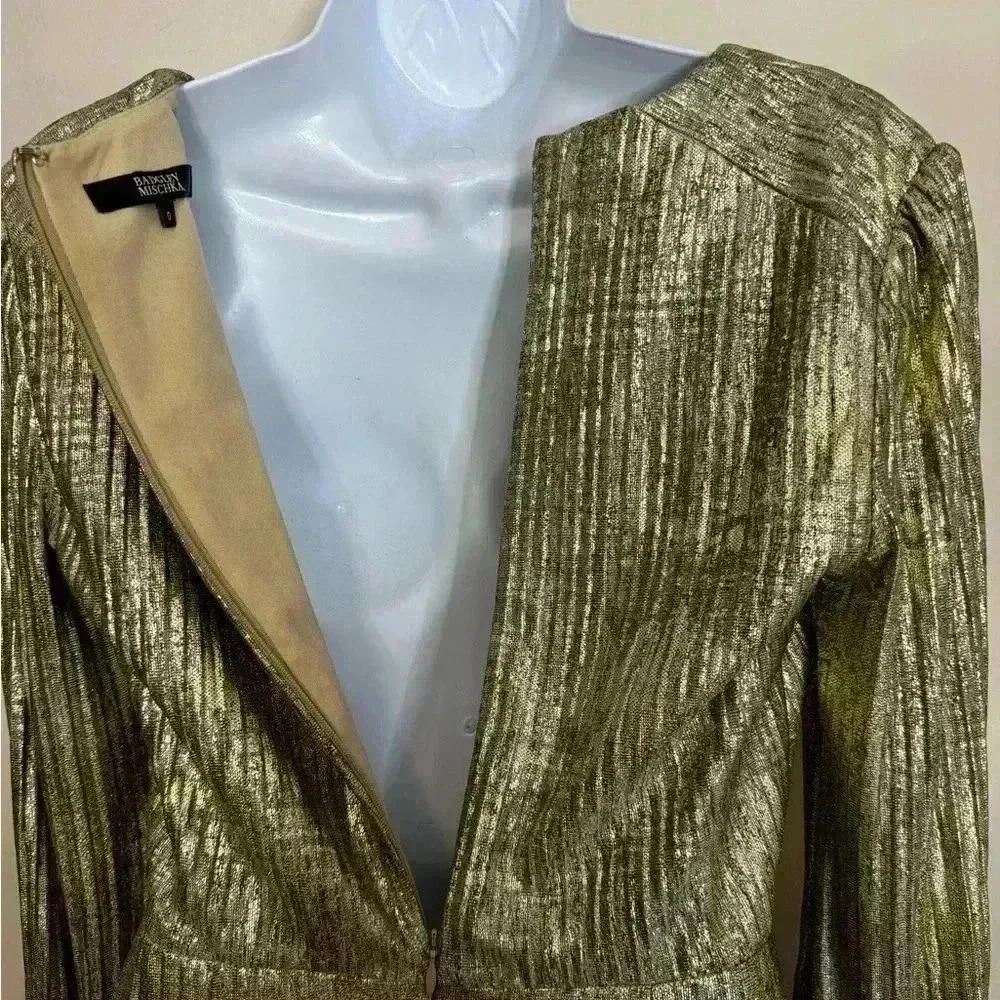 Badgley Mischka Gold Pleated Dress Size 0 Wedding Guest Gala Party Gown - Picture 2 of 14